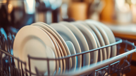 A modern dishwasher displaying freshly cleaned white dinner plates, highlighting a tidy kitchen space that reflects warmth and practical design for everyday meal preparation.の素材