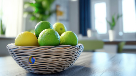 A vivid arrangement of fresh lemons and limes in a woven basket creates a cheerful ambiance on a polished wooden table in a stylish indoor environment.の素材