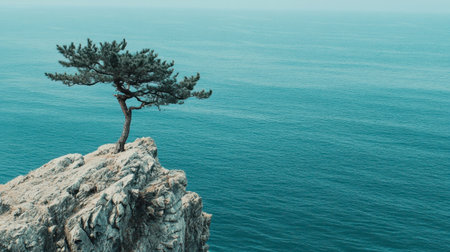 A stunning image of a lone pine tree standing proudly on a rugged cliff, with a vast blue ocean stretching out under a clear sky, embodying tranquillity and natural beauty.の素材