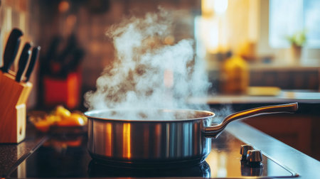 A silver pot simmers on a stove, releasing steam in a cozy kitchen filled with soft light, showcasing a warm and inviting cooking atmosphere perfect for culinary adventures.の素材