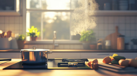 A modern kitchen scene featuring a steaming pot on a stove, surrounded by fresh vegetables, bathed in warm sunlight, creating a vibrant and inviting atmosphere perfect for culinary creativity.の素材