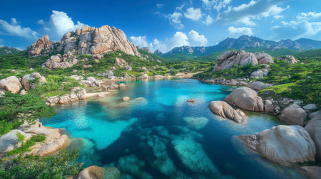 A breathtaking view of a tranquil lake surrounded by unique rock formations and lush greenery, set against stunning mountains and a clear blue sky, perfect for nature lovers.の素材