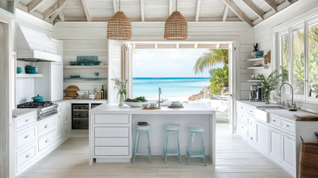 Bright and modern coastal kitchen with an open concept design, featuring a stunning beach view that invites tranquility and relaxed entertaining all year round.の素材