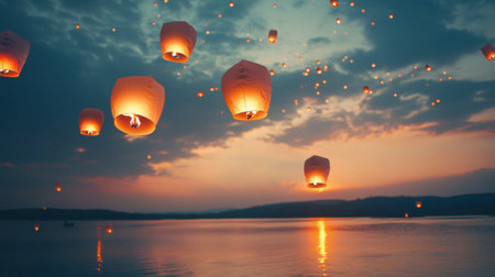 A captivating scene of sky lanterns gracefully illuminating the evening sky above a serene body of water, creating a magical and peaceful ambiance during sunset.の素材