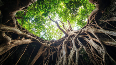 Explore the grandeur of a banyan tree as sunlight filters through its lush leaves, highlighting a striking network of roots in this tranquil natural setting.の素材