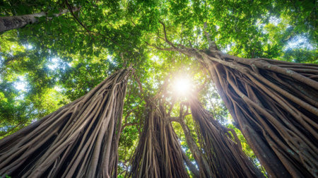 A breathtaking view looking up at massive banyan trees, showcasing intricate roots and a beautiful canopy illuminated by sunlight, evoking a sense of tranquility and connection to nature.の素材