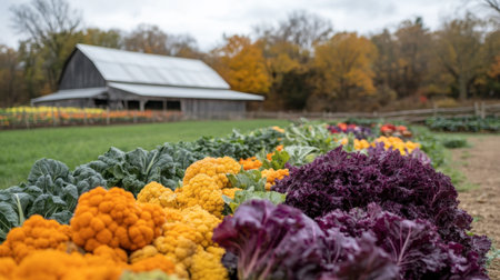 A picturesque vegetable garden features an array of colorful cauliflowers and lush greens set against a rustic barn, embodying the essence of autumn in a serene farming landscape.の素材