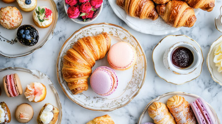 A beautiful arrangement of gourmet pastries and desserts including colorful macarons, flaky croissants, and assorted miniature cakes on a decorative marble table.の素材