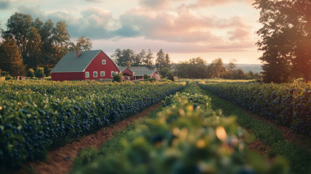 A picturesque countryside scene showcasing rows of lush green vineyards leading to a charming red farmhouse, illuminated by a stunning sunset, creating a tranquil and inviting atmosphere.の素材
