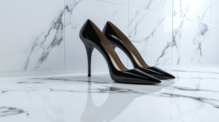 Stunning black high heels set against a chic marble backdrop, showcasing a blend of elegance and modern style, ideal for fashion promotions and visual artistry.の素材