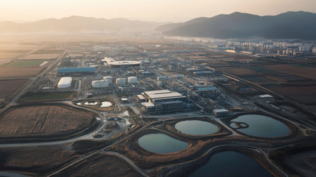 A stunning aerial perspective showcases a sprawling industrial complex at dusk, highlighting the balance between modern manufacturing and surrounding nature.の素材