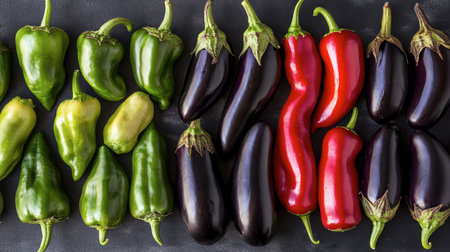 This captivating arrangement showcases a colorful variety of fresh peppers and eggplants, perfect for culinary presentations and vibrant food photography.の素材