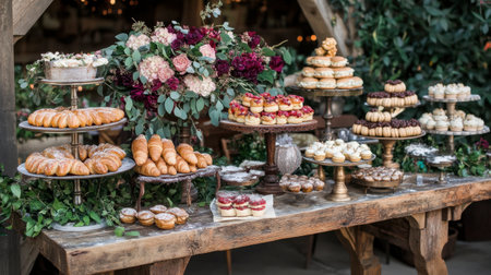 A beautifully arranged dessert table featuring a variety of pastries and cakes complemented by lush floral decorations, ideal for events and celebrations.の素材