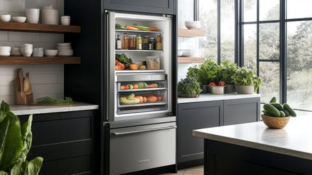 This modern kitchen showcases a refrigerator packed with fresh produce surrounded by elegant shelving, creating a vibrant and inviting atmosphere perfect for culinary enthusiasts.の素材