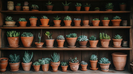 A charming arrangement of various succulent plants in terracotta pots on a wooden shelf, showcasing the tranquility and beauty of indoor gardening with lush greenery and earthy tones.の素材