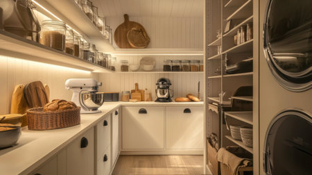 This cozy and modern pantry showcases effective organization with elegant storage solutions. Featuring a stand mixer and fresh baked goods, it creates a warm kitchen atmosphere.の素材