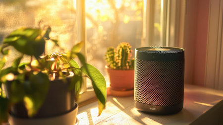 A serene indoor setting featuring a modern speaker beside vibrant potted plants, bathed in warm sunlight filtering through a window, creating a peaceful ambiance.の素材