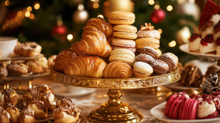 A beautiful arrangement of assorted festive pastries and sweets on a luxurious golden stand, adorned with seasonal decorations, evoking warmth and celebration during joyful holiday gatherings.の素材