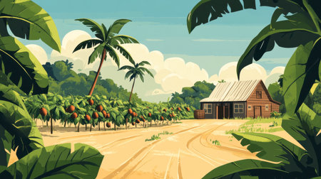 A serene tropical landscape showcasing a quaint cottage surrounded by vibrant cocoa trees, inviting a sense of peace and tranquility in the countryside.の素材