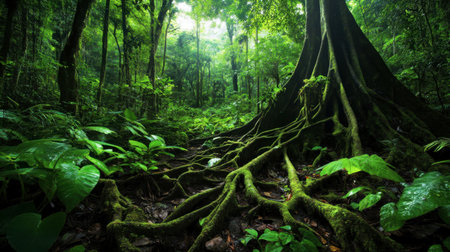 A breathtaking view of a lush rainforest featuring a large tree with intricate roots and vibrant greenery, illuminated by gentle sunlight filtering through a dense canopy.の素材