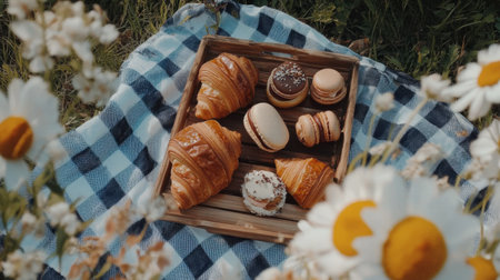 A captivating arrangement of freshly baked pastries and macarons displayed on a rustic wooden tray, set against a natural backdrop of flowers and a blue checkered blanket.の素材
