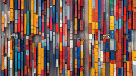 This striking aerial image captures an arrangement of colorful shipping containers in a busy port environment, highlighting the intricate details of logistical operations and transportation systems.の素材