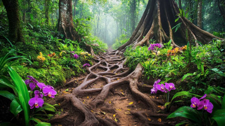 A captivating jungle scene featuring a vibrant pathway lined with orchids and intricate tree roots, evoking a sense of calm and inviting exploration into nature's lush beauty.の素材