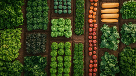 A stunning aerial view of a diverse vegetable garden featuring vibrant greens, root vegetables, and fruits, promoting a healthy lifestyle and fresh produce appreciation.の素材