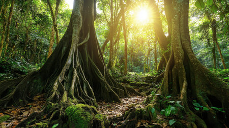 A vibrant scene of a tropical forest showcasing towering trees with intricate roots, illuminated by sunlight piercing through the lush green canopy, capturing a serene atmosphere.の素材