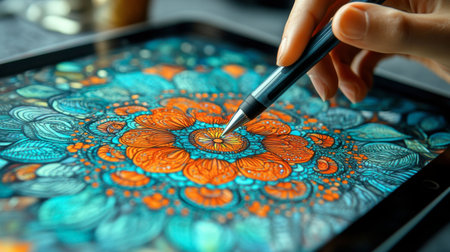 A focused hand uses a stylus to create detailed mandala art on a tablet, showcasing vibrant colors and intricate patterns, highlighting creativity and digital design.の素材