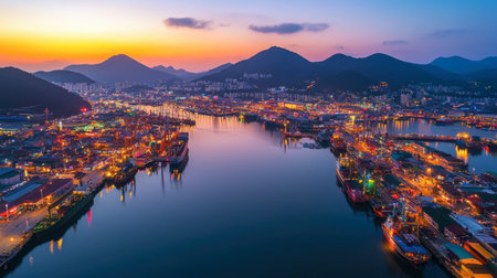 Capture the serene beauty of a bustling harbor at dusk, featuring vibrant lights reflecting on water surrounded by majestic mountains under a colorful sunset.の素材