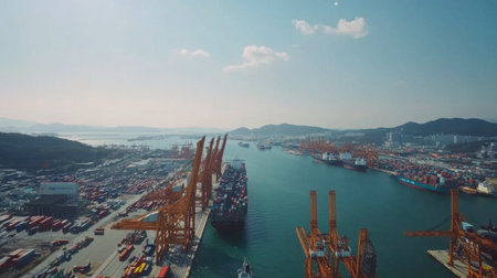 A stunning aerial view of a bustling shipping port, featuring numerous container vessels and cranes under a vibrant blue sky, reflecting the dynamics of global trade.の素材