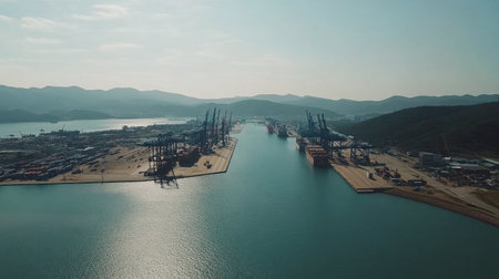 Captivating aerial view of a bustling shipping port featuring cranes, containers, and tranquil water, framed by mountains and a serene sky, highlighting maritime industry operations.の素材