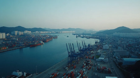 Stunning aerial view of a busy cargo port at dusk, showcasing container ships, towering cranes, and a beautiful mountain backdrop, perfect for maritime industry themes.の素材