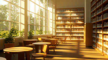 A serene library interior bathed in warm sunlight, showcasing wooden shelves filled with books and cozy seating arrangements, perfect for reading or studying.の素材