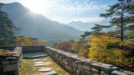 Captivating view from a historic stone wall reveals majestic mountains amidst vibrant autumn foliage, bathed in gentle sunlight, offering a peaceful escape into nature's beauty.の素材