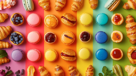 A vibrant assortment of colorful macarons and flaky croissants arranged on a cheerful rainbow background, perfect for showcasing sweet delights and culinary artistry.の素材