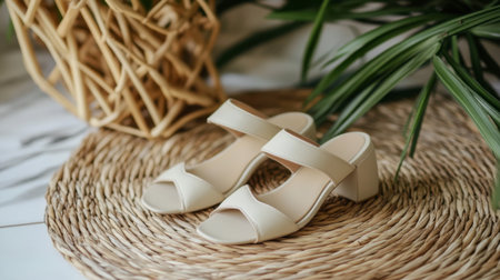 Beautiful beige heeled sandals are gracefully showcased on a woven straw mat, surrounded by lush greenery, perfect for fashion inspiration and lifestyle aesthetics.の素材