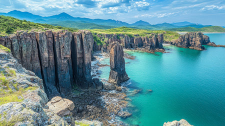 Breathtaking view of majestic coastal cliffs rising from crystal clear waters, showcasing nature's beauty with lush greenery and a bright blue sky, ideal for travel and adventure themes.の素材