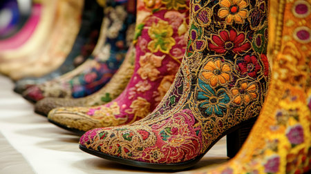 A stunning array of colorful embroidered cowboy boots featuring intricate floral designs, perfect for showcasing craftsmanship and vibrant cultural fashion elements.の素材