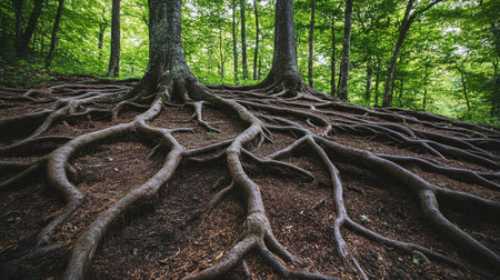 A captivating view of expansive tree roots emerging from the forest floor, showcasing the intricate beauty of nature's structure, surrounded by vibrant greenery and dappled sunlight.の素材