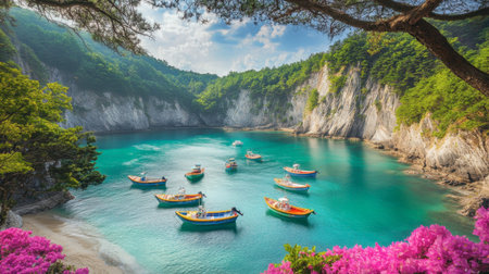 Experience a stunning coastal scene with colorful boats resting in a tranquil cove, bordered by lush cliffs and vibrant flowers, all under a bright blue sky.の素材