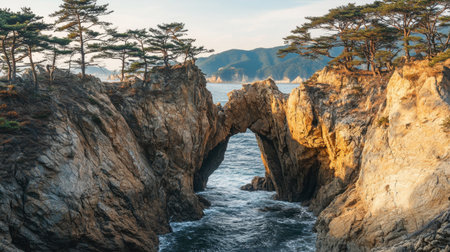 Breathtaking view of a coastal rock formation featuring a natural archway. Pine trees enhance the landscape's beauty, creating a serene atmosphere with ocean and mountains.の素材