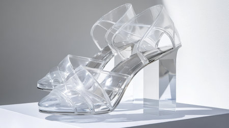 A pair of stylish clear heeled sandals displayed elegantly, showcasing their unique transparent straps and modern design, perfect for fashion lovers and special occasions.の素材