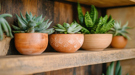 A collection of vibrant succulent plants displayed in decorative pots on a wooden shelf, emphasizing the beauty of greenery in a modern interior design.の素材