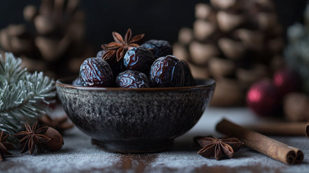 This image showcases a beautiful arrangement of dark, shiny fruits in a rustic bowl, complemented by festive decorations and warm spices, perfect for winter settings.の素材