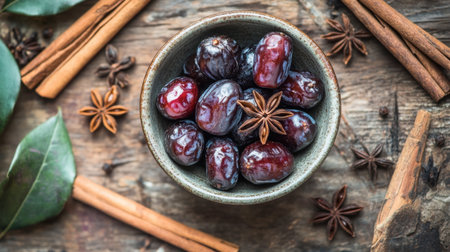 Explore the vibrant colors and textures of fresh dates paired with star anise and cinnamon, set on a rustic wooden background, perfect for culinary projects or healthy snack inspirations.の素材