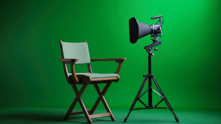 This image showcases a green screen setup featuring a director's chair and a studio light, perfect for film and video projects, enhancing creative expression in any production environment.の素材