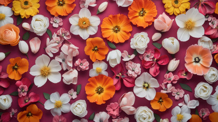 A stunning flat lay featuring an array of colorful flowers against a vibrant pink backdrop, perfect for showcasing the beauty of nature and enhancing creative projects.の素材