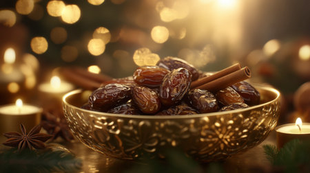A close-up view of dates arranged elegantly in a golden bowl, accented by cinnamon sticks and warm candlelight, creating a cozy and festive atmosphere.の素材